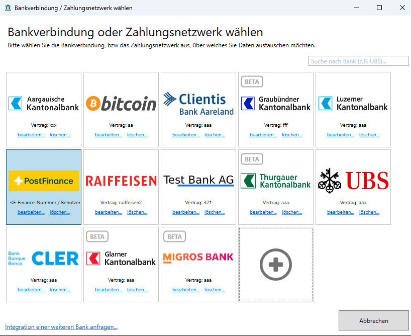 DynaFinance Auswahl von Bankverbindungen und Zahlungsnetzwerken mit mehreren Schweizer Banken