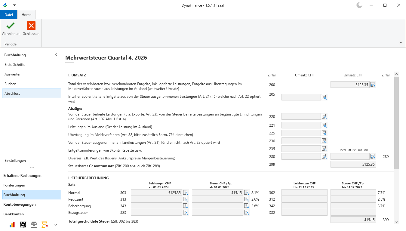 DynaFinance Schweizer MWST-Abrechnung mit Steuerziffern und Beträgen